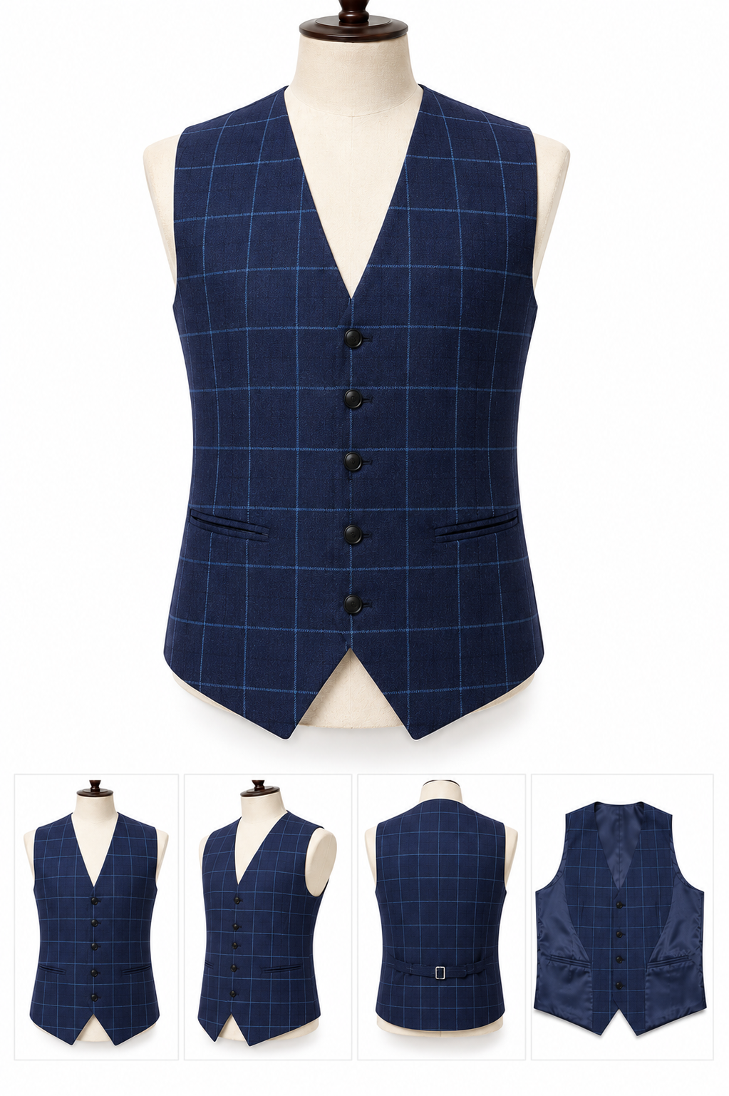 Navy Windowpane Check Waistcoat